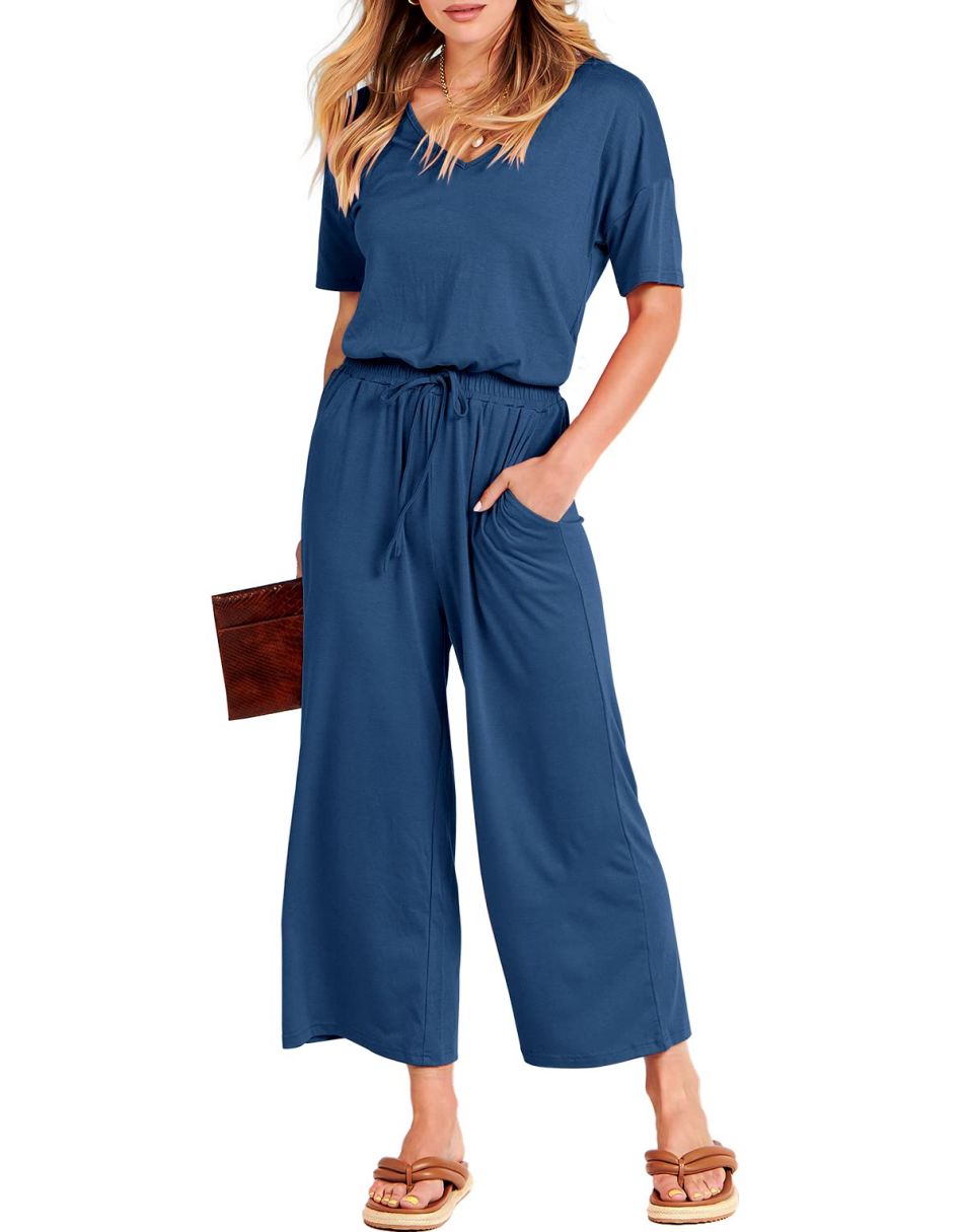 ANRABESS V-Neck Elastic Waist Wide Leg Cropped Jumpsuit