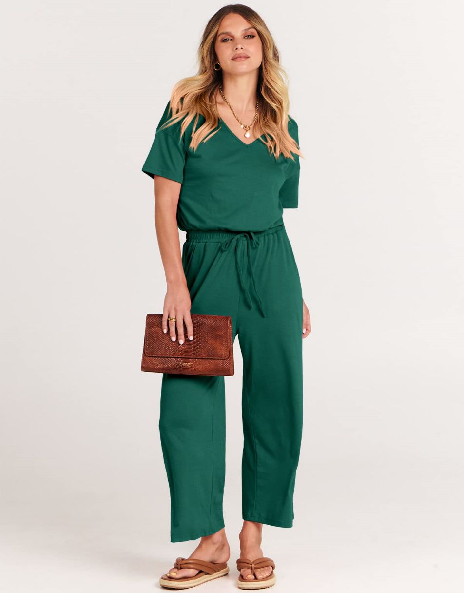 ANRABESS V-Neck Elastic Waist Wide Leg Cropped Jumpsuit
