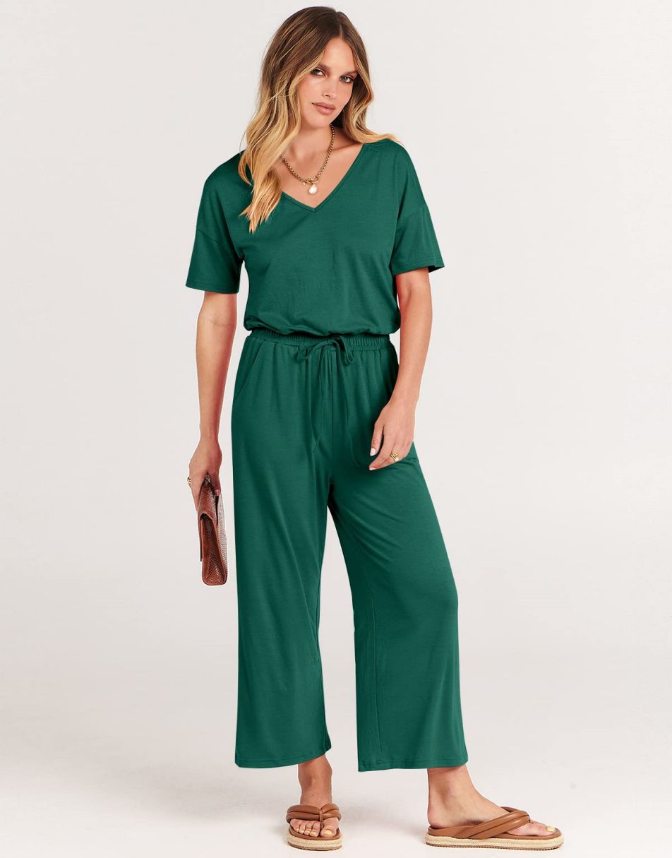 ANRABESS V-Neck Elastic Waist Wide Leg Cropped Jumpsuit