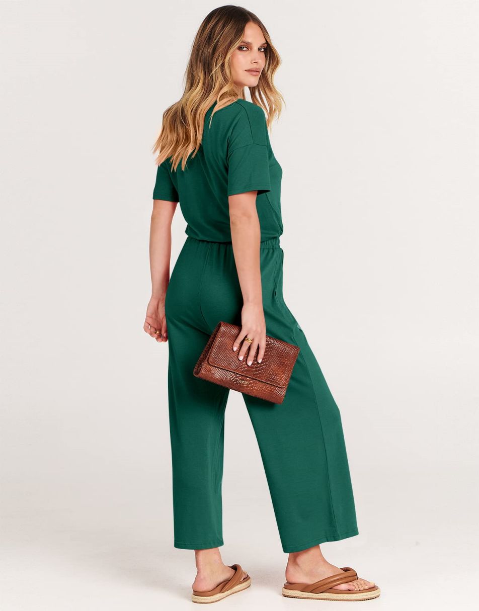 ANRABESS V-Neck Elastic Waist Wide Leg Cropped Jumpsuit