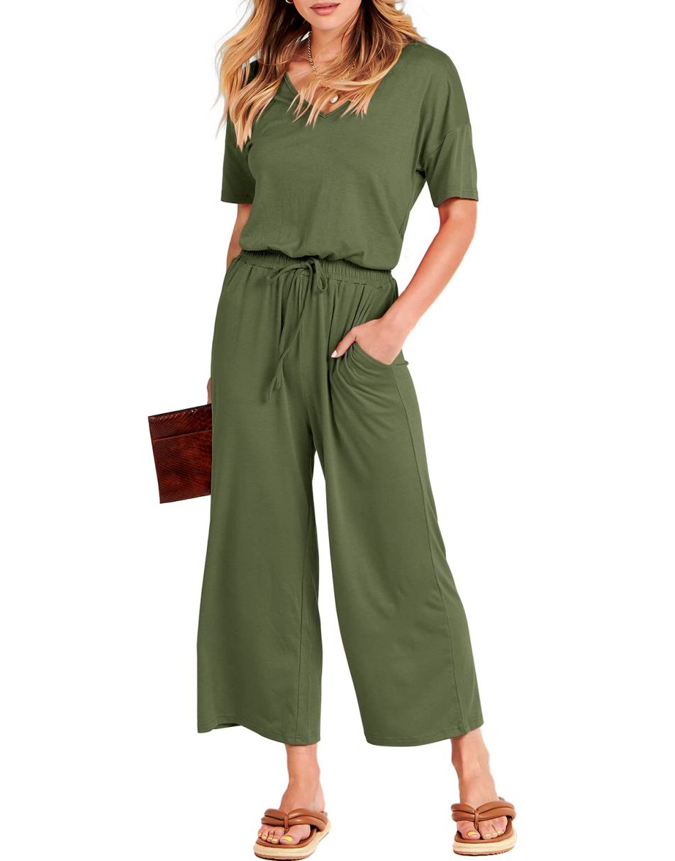ANRABESS V-Neck Elastic Waist Wide Leg Cropped Jumpsuit