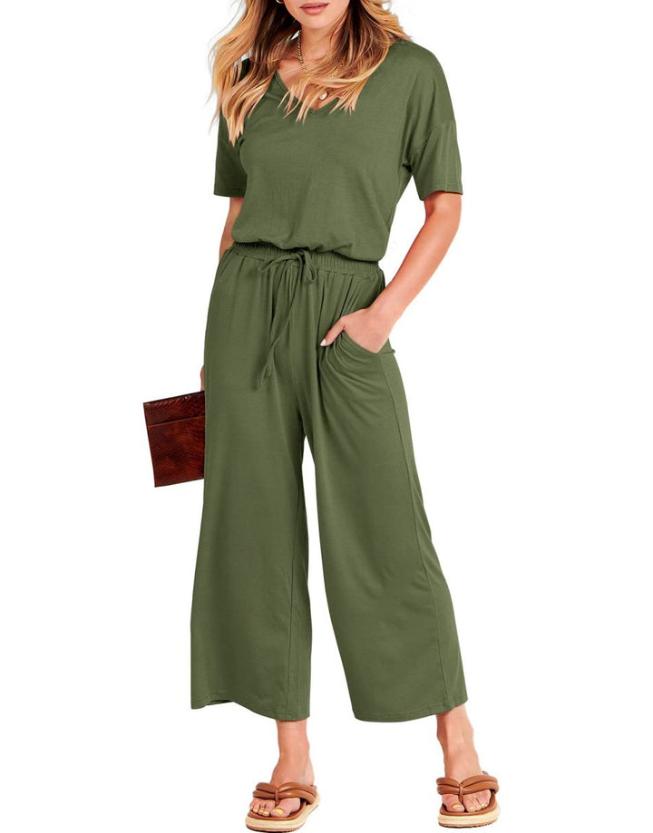 ANRABESS V-Neck Elastic Waist Wide Leg Cropped Jumpsuit