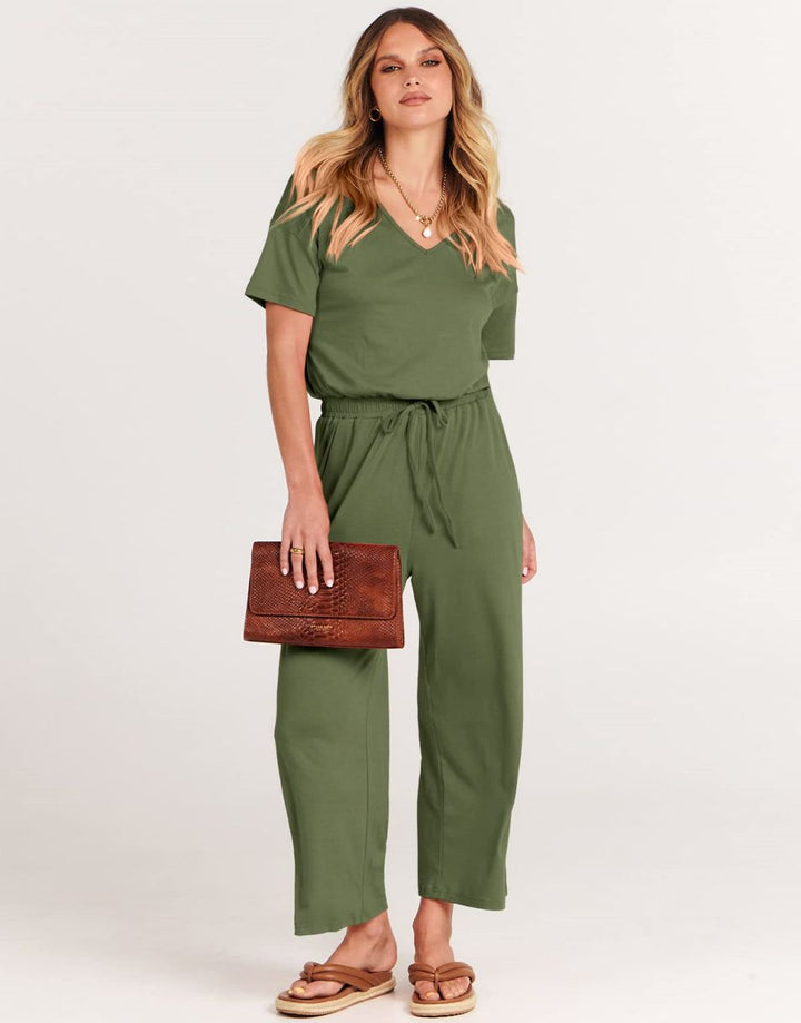 ANRABESS V-Neck Elastic Waist Wide Leg Cropped Jumpsuit