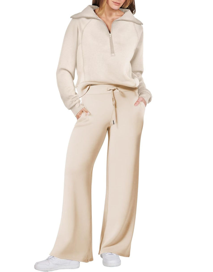 ANRABESS 2 Piece Outfits for Women Half Zip Sweatshirt & Wide Leg Pants Airport Travel Lounge Matching Fall Winter Sets Sweatsuits Clothing
