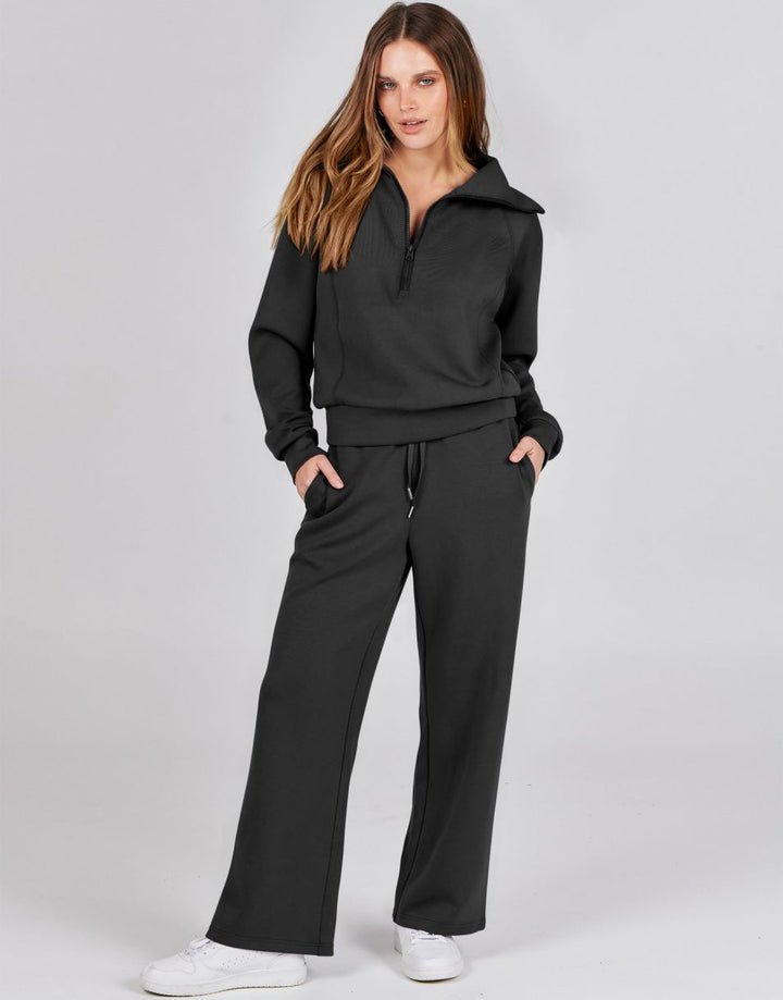 ANRABESS 2 Piece Outfits for Women Half Zip Sweatshirt & Wide Leg Pants Airport Travel Lounge Matching Fall Winter Sets Sweatsuits Clothing