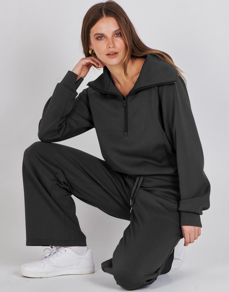 ANRABESS 2 Piece Outfits for Women Half Zip Sweatshirt & Wide Leg Pants Airport Travel Lounge Matching Fall Winter Sets Sweatsuits Clothing