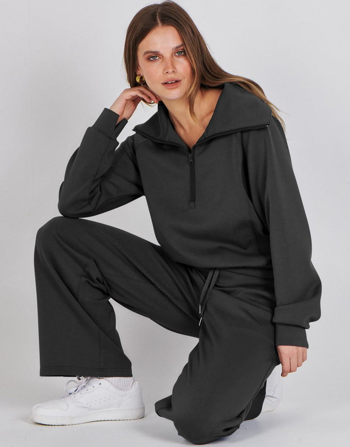 ANRABESS 2 Piece Outfits for Women Half Zip Sweatshirt & Wide Leg Pants Airport Travel Lounge Matching Fall Winter Sets Sweatsuits Clothing