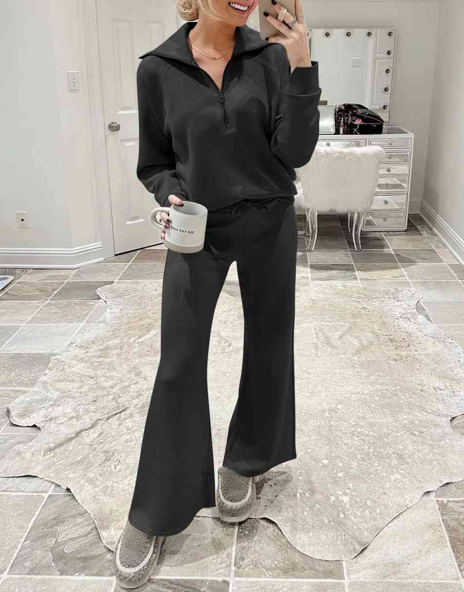 ANRABESS 2 Piece Outfits for Women Half Zip Sweatshirt & Wide Leg Pants Airport Travel Lounge Matching Fall Winter Sets Sweatsuits Clothing
