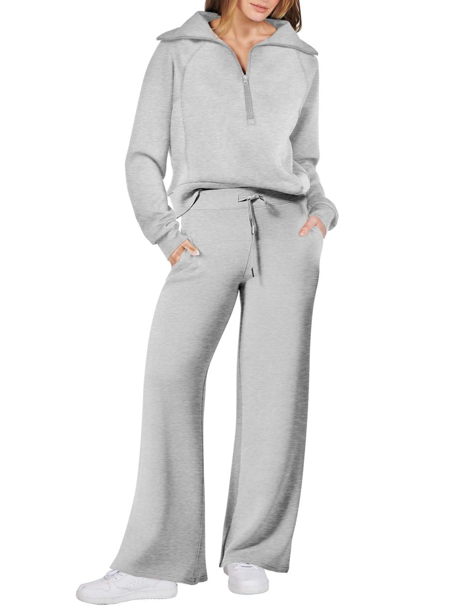 ANRABESS 2 Piece Outfits for Women Half Zip Sweatshirt & Wide Leg Pants Airport Travel Lounge Matching Fall Winter Sets Sweatsuits Clothing
