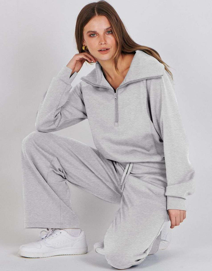 ANRABESS 2 Piece Outfits for Women Half Zip Sweatshirt & Wide Leg Pants Airport Travel Lounge Matching Fall Winter Sets Sweatsuits Clothing