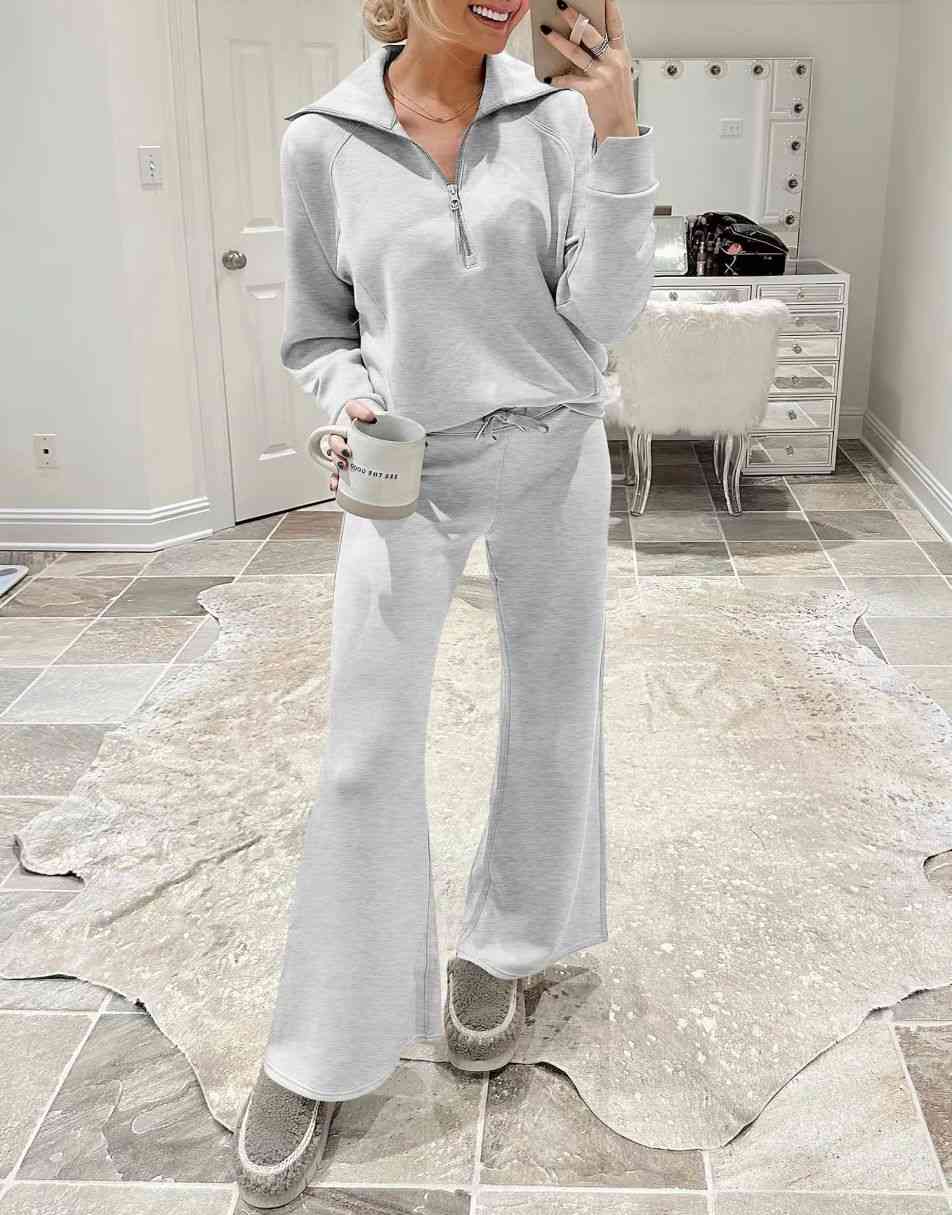 ANRABESS 2 Piece Outfits for Women Half Zip Sweatshirt & Wide Leg Pants Airport Travel Lounge Matching Fall Winter Sets Sweatsuits Clothing