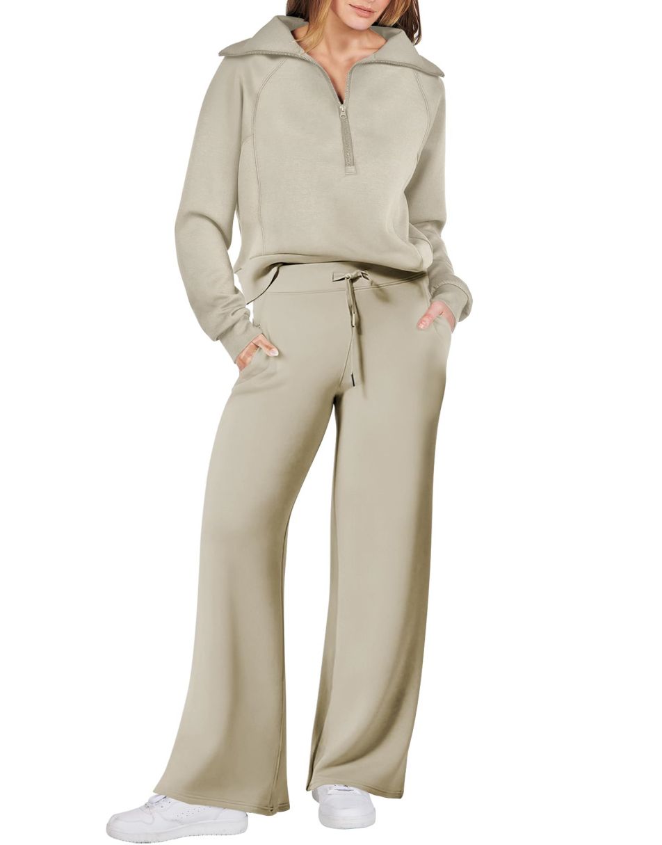 ANRABESS 2 Piece Outfits for Women Half Zip Sweatshirt & Wide Leg Pants Airport Travel Lounge Matching Fall Winter Sets Sweatsuits Clothing