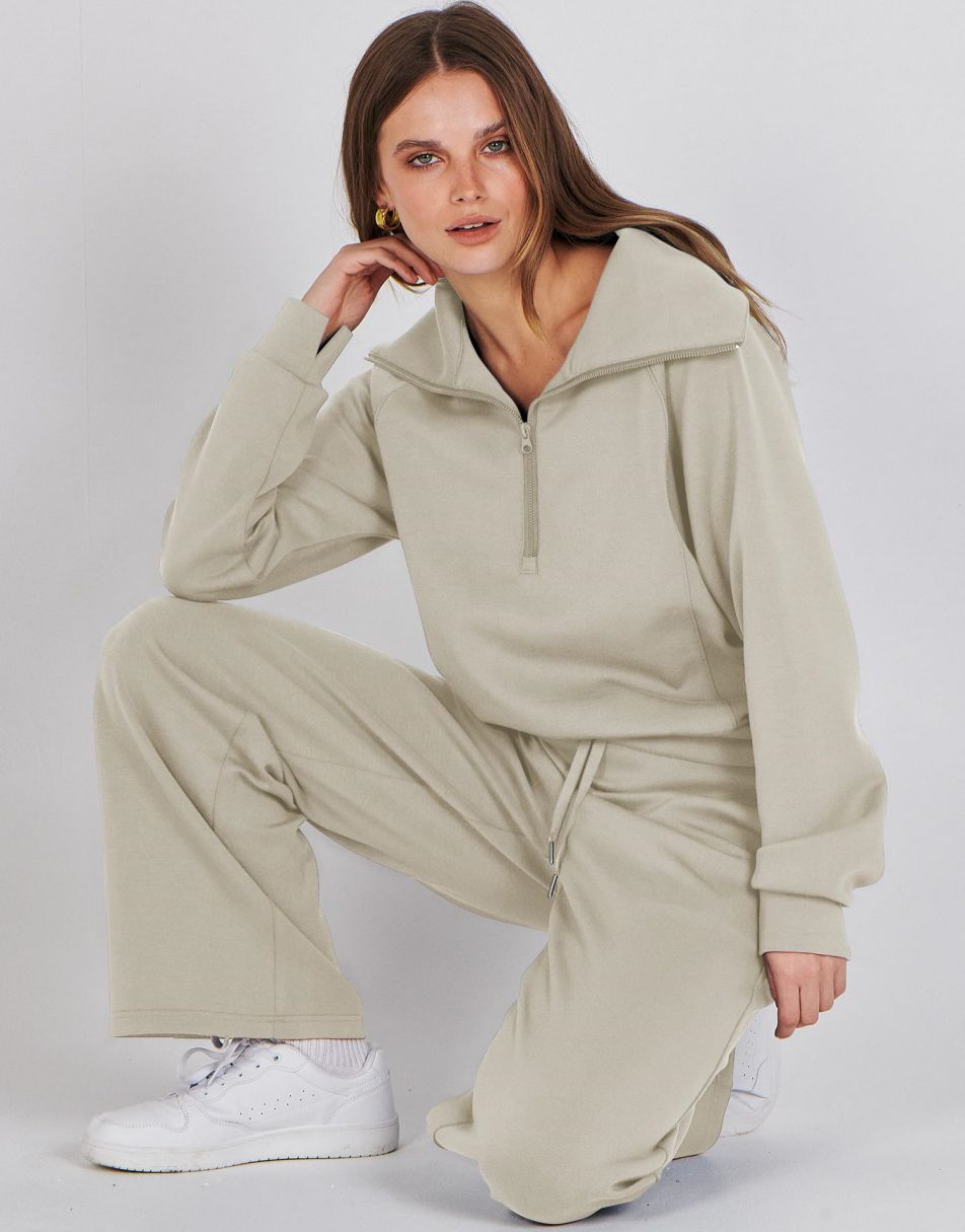 ANRABESS 2 Piece Outfits for Women Half Zip Sweatshirt & Wide Leg Pants Airport Travel Lounge Matching Fall Winter Sets Sweatsuits Clothing