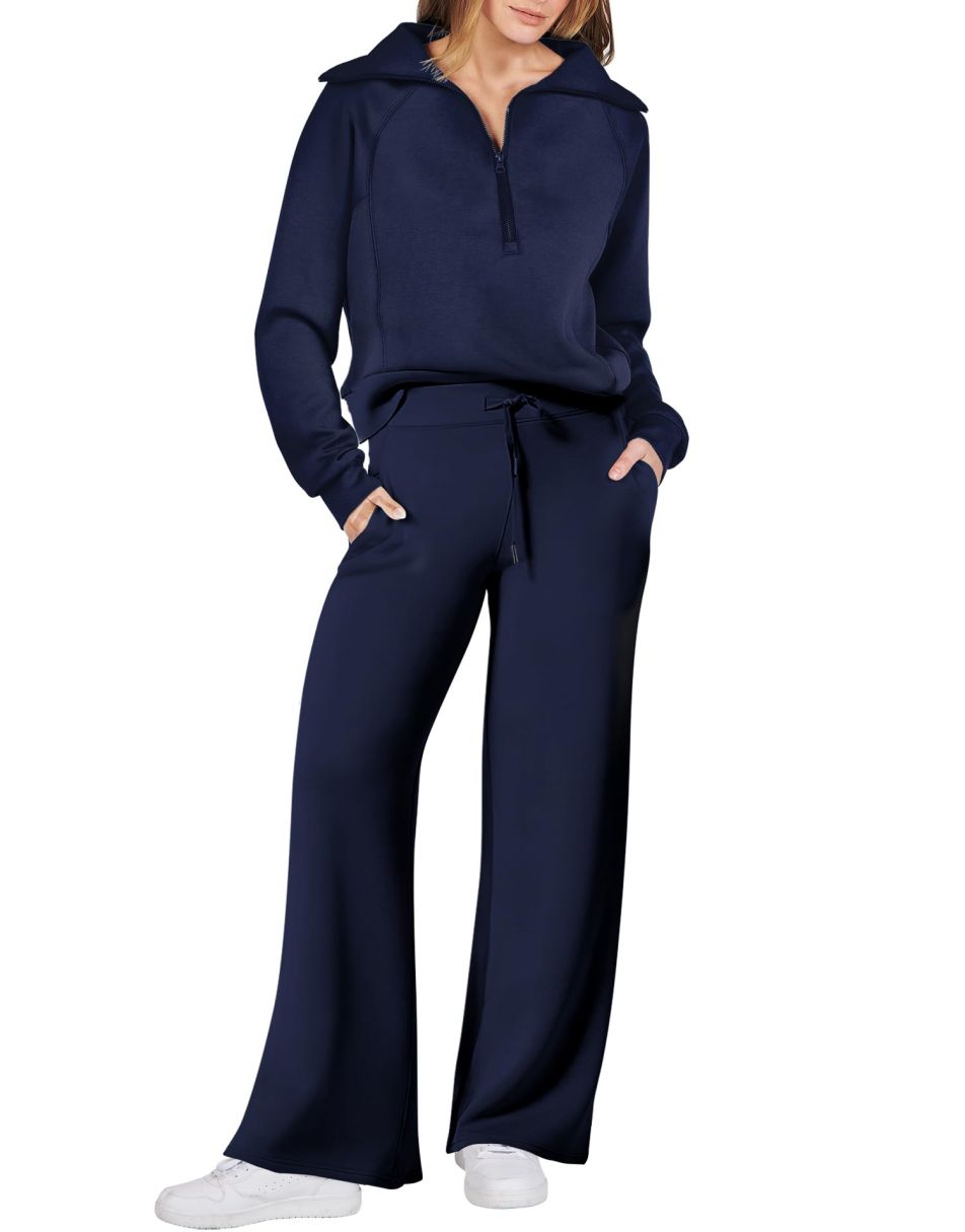 ANRABESS 2 Piece Outfits for Women Half Zip Sweatshirt & Wide Leg Pants Airport Travel Lounge Matching Fall Winter Sets Sweatsuits Clothing