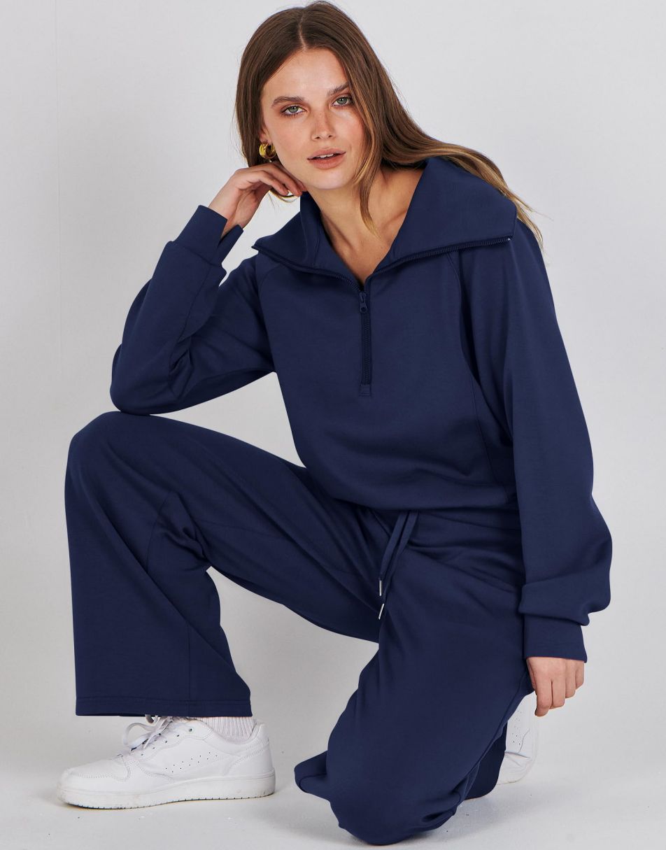 ANRABESS 2 Piece Outfits for Women Half Zip Sweatshirt & Wide Leg Pants Airport Travel Lounge Matching Fall Winter Sets Sweatsuits Clothing