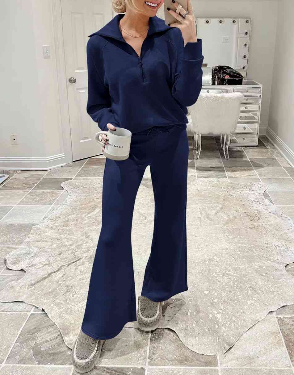 ANRABESS 2 Piece Outfits for Women Half Zip Sweatshirt & Wide Leg Pants Airport Travel Lounge Matching Fall Winter Sets Sweatsuits Clothing