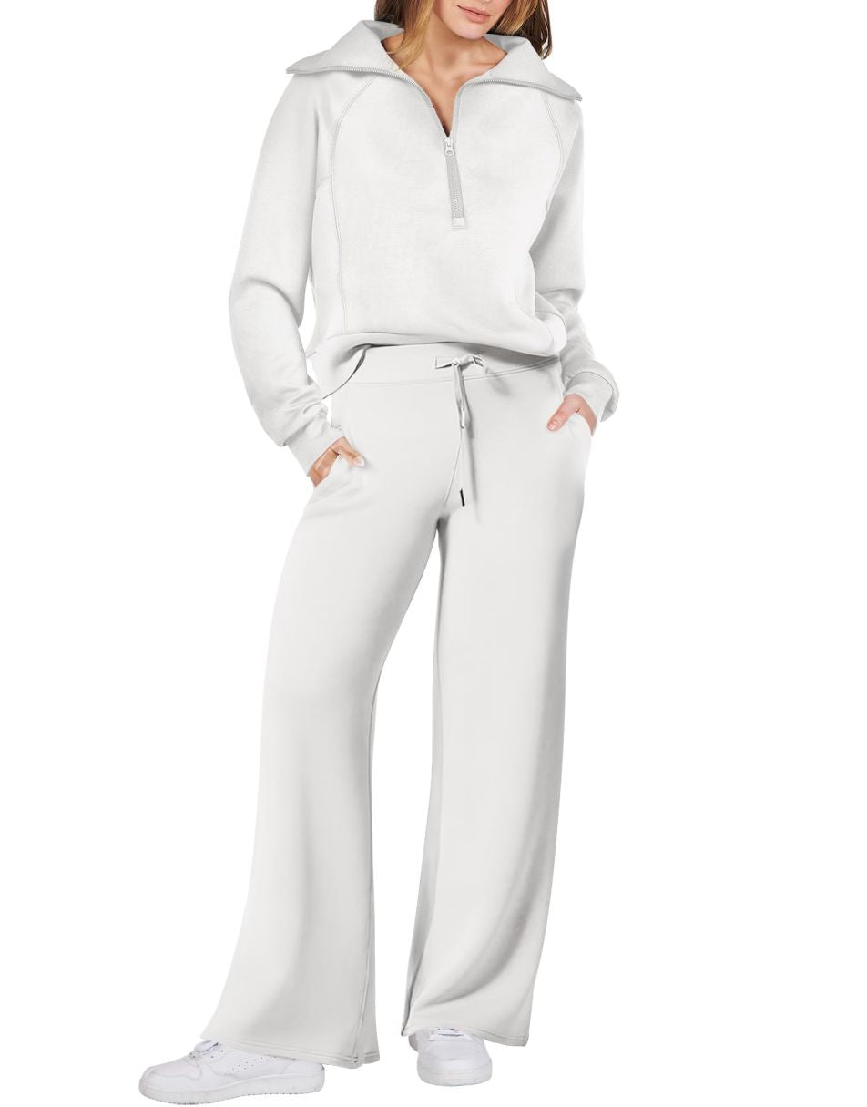 ANRABESS 2 Piece Outfits for Women Half Zip Sweatshirt & Wide Leg Pants Airport Travel Lounge Matching Fall Winter Sets Sweatsuits Clothing