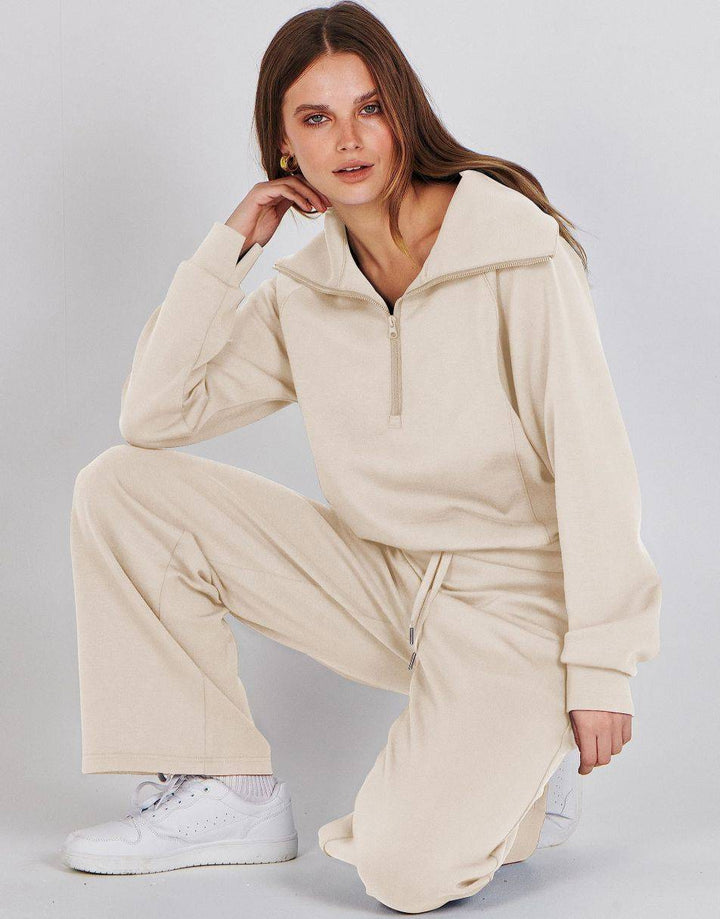 ANRABESS 2 Piece Outfits for Women Half Zip Sweatshirt & Wide Leg Pants Airport Travel Lounge Matching Fall Winter Sets Sweatsuits Clothing