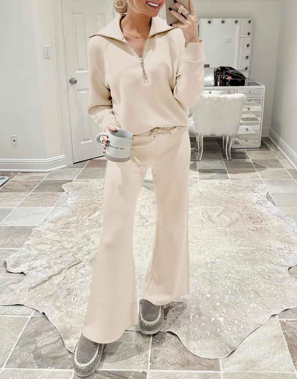 ANRABESS 2 Piece Outfits for Women Half Zip Sweatshirt & Wide Leg Pants Airport Travel Lounge Matching Fall Winter Sets Sweatsuits Clothing