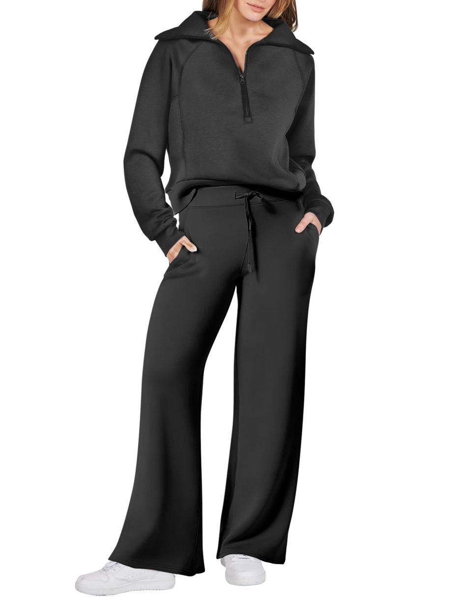 ANRABESS 2 Piece Outfits for Women Half Zip Sweatshirt & Wide Leg Pants Airport Travel Lounge Matching Fall Winter Sets Sweatsuits Clothing