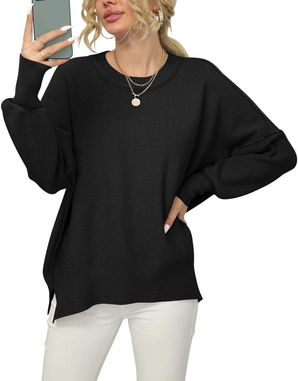 ANRABESS Batwing Sleeve Side Slit Oversized Pullover