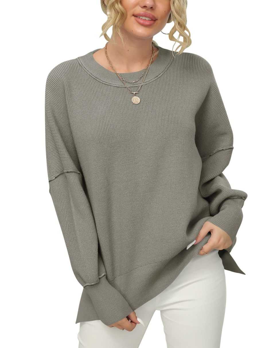 ANRABESS Batwing Sleeve Side Slit Oversized Pullover