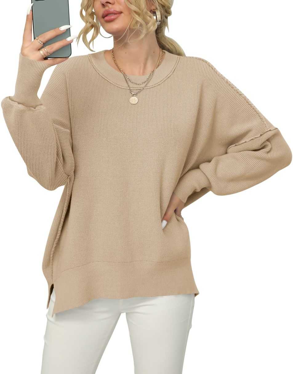 ANRABESS Batwing Sleeve Side Slit Oversized Pullover