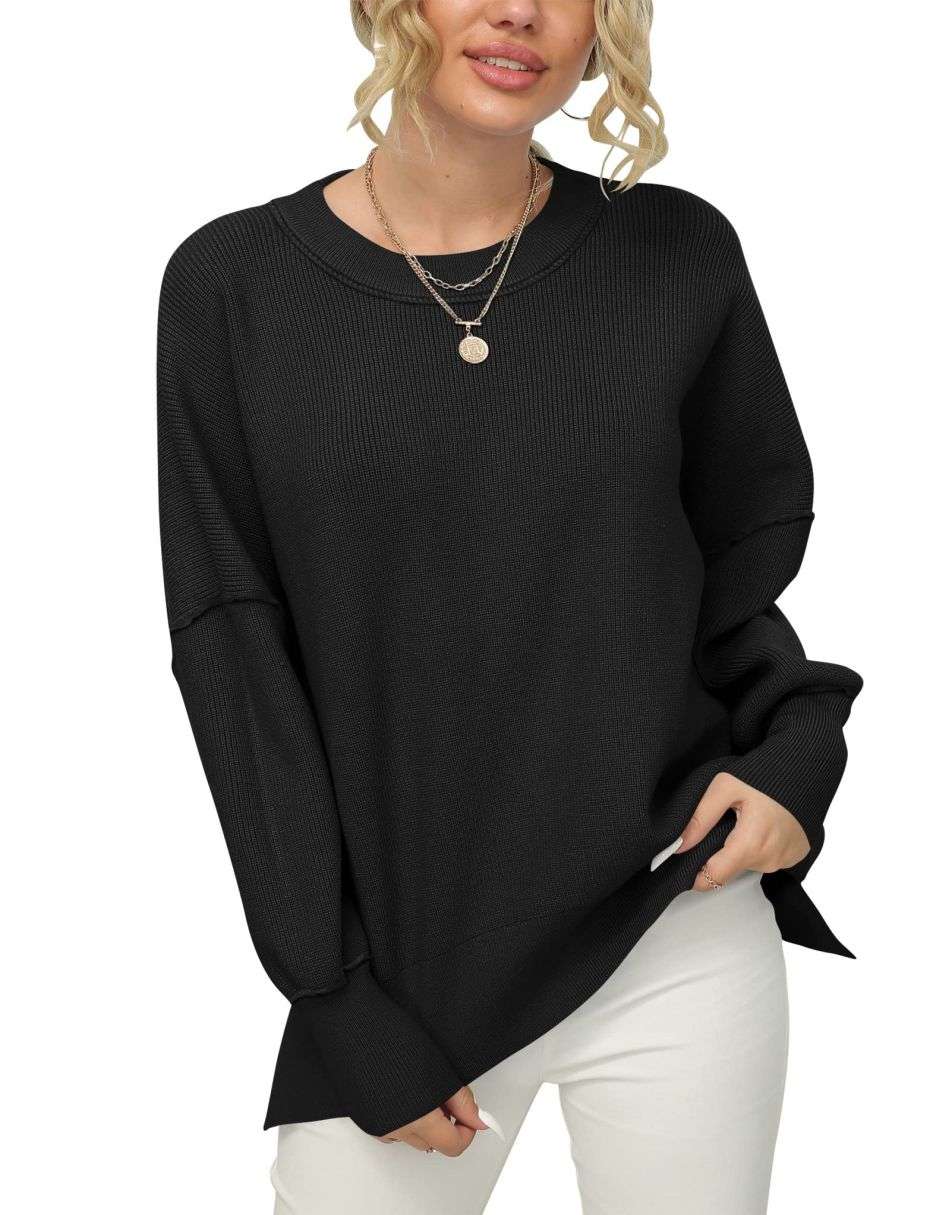 ANRABESS Batwing Sleeve Side Slit Oversized Pullover