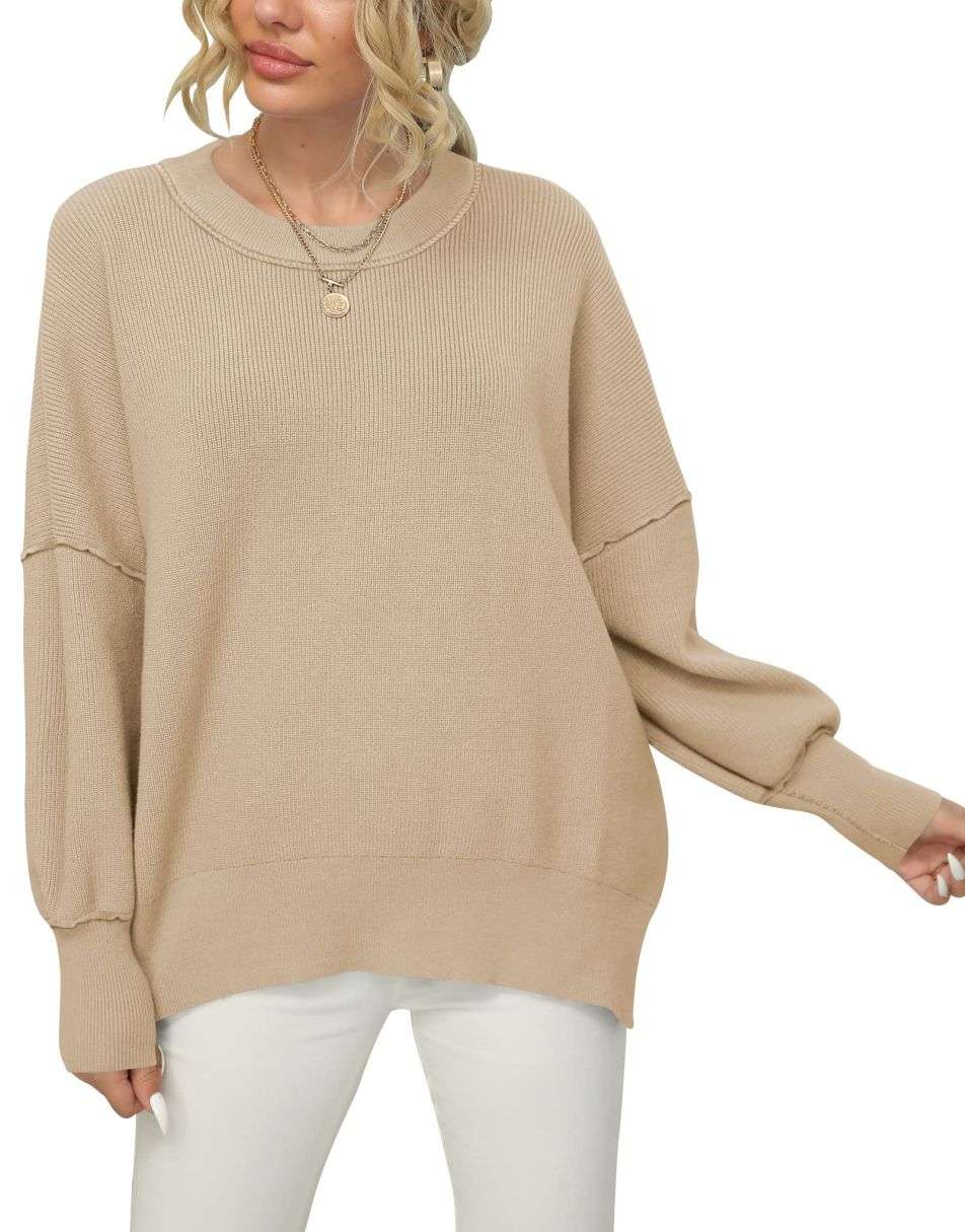 ANRABESS Batwing Sleeve Side Slit Oversized Pullover