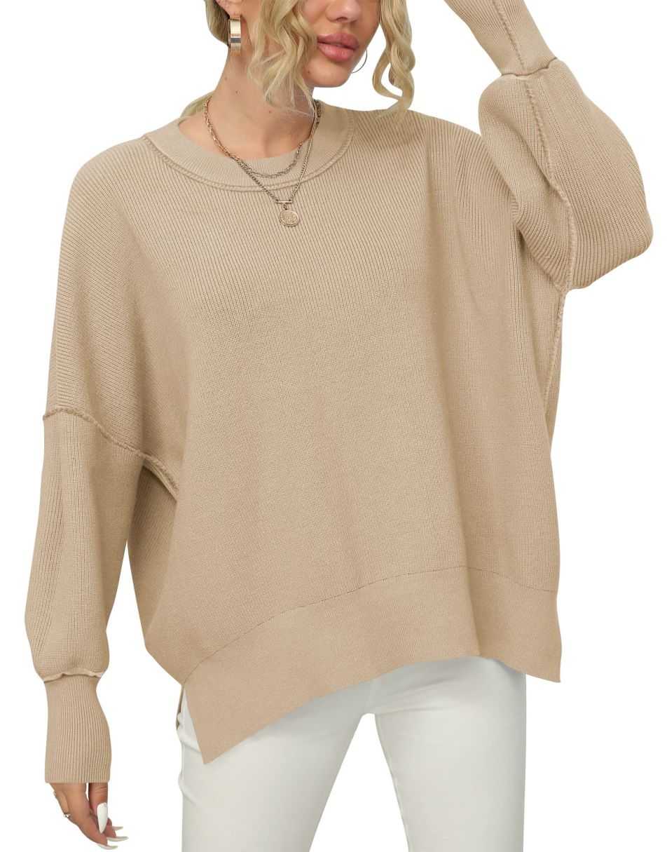 ANRABESS Batwing Sleeve Side Slit Oversized Pullover