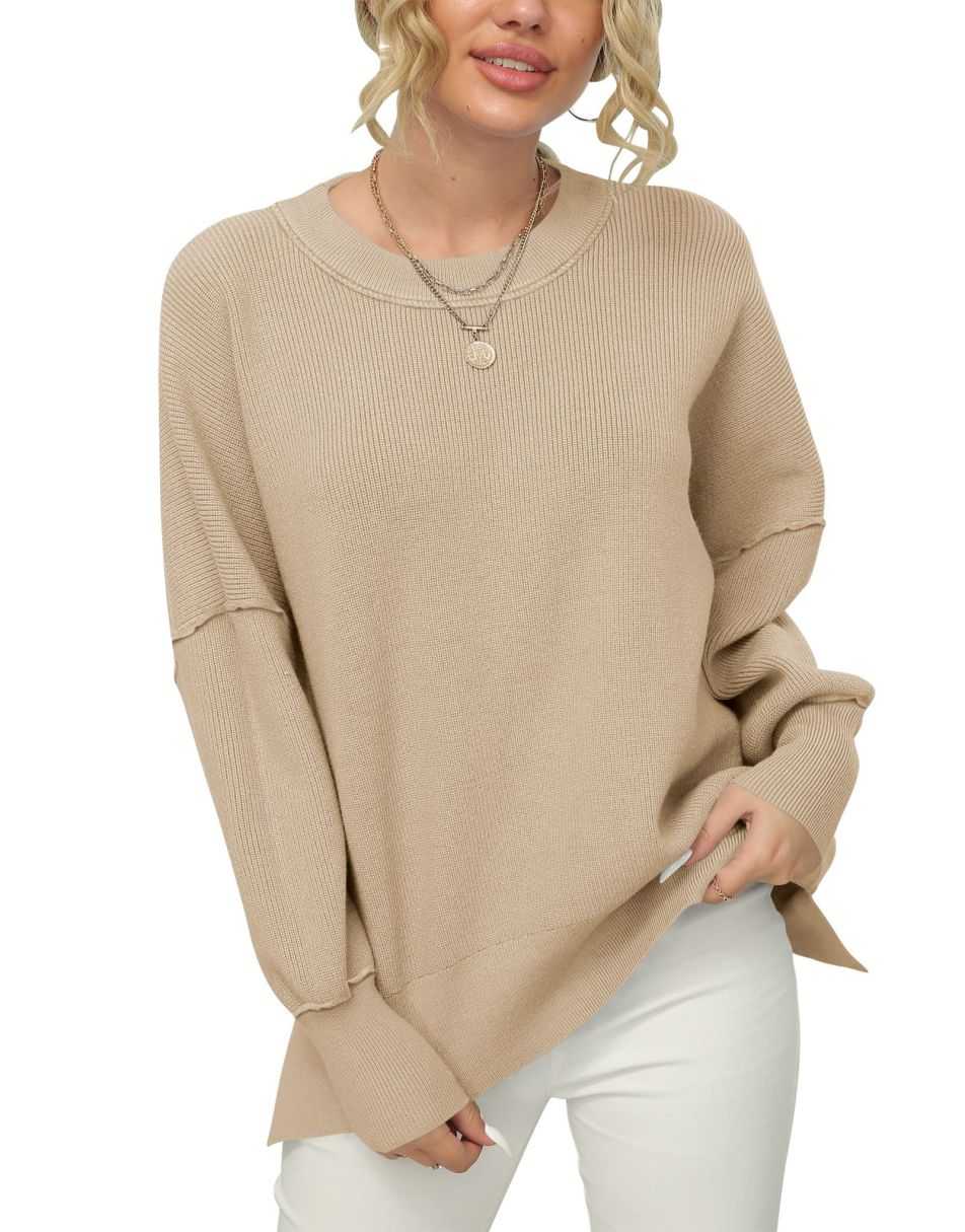 ANRABESS Batwing Sleeve Side Slit Oversized Pullover