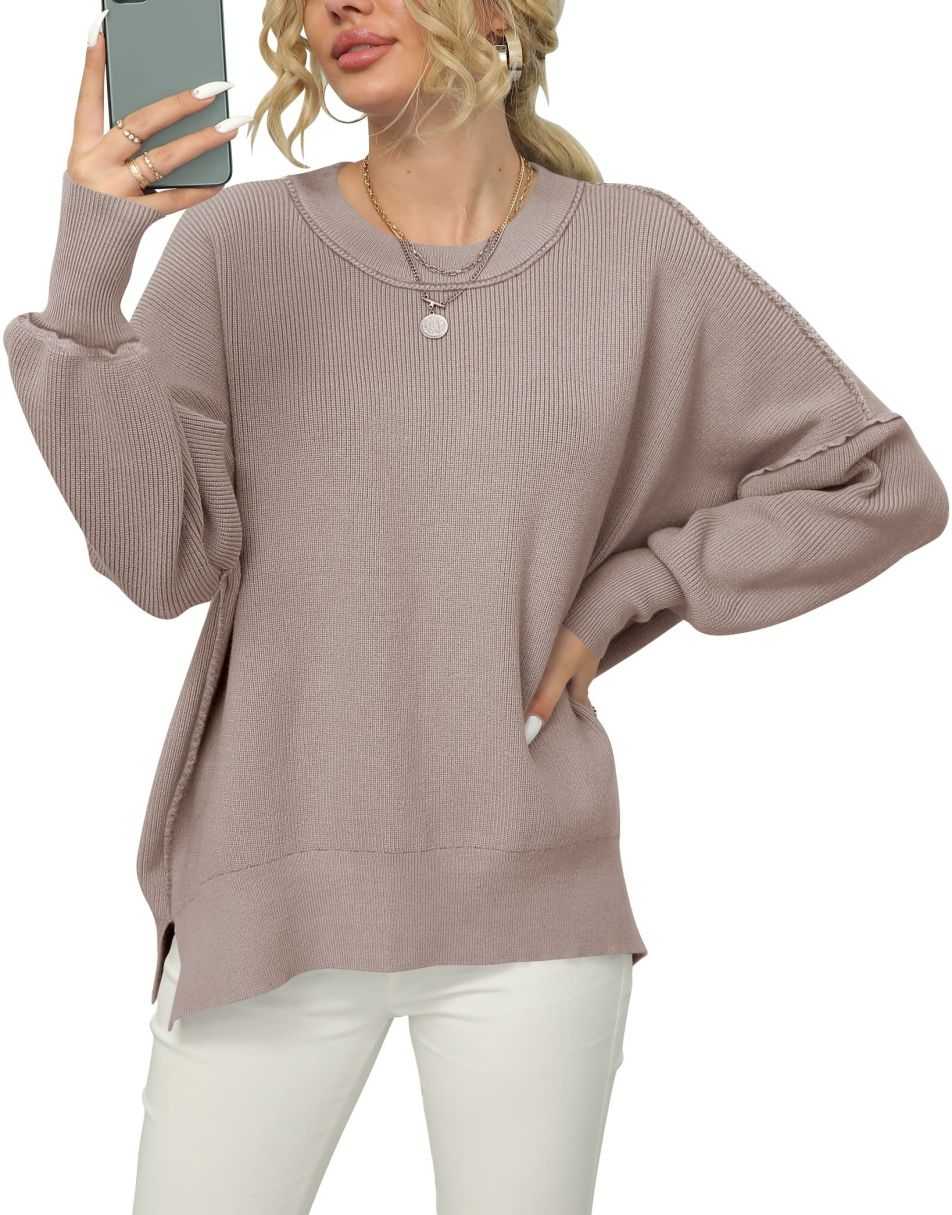 ANRABESS Batwing Sleeve Side Slit Oversized Pullover