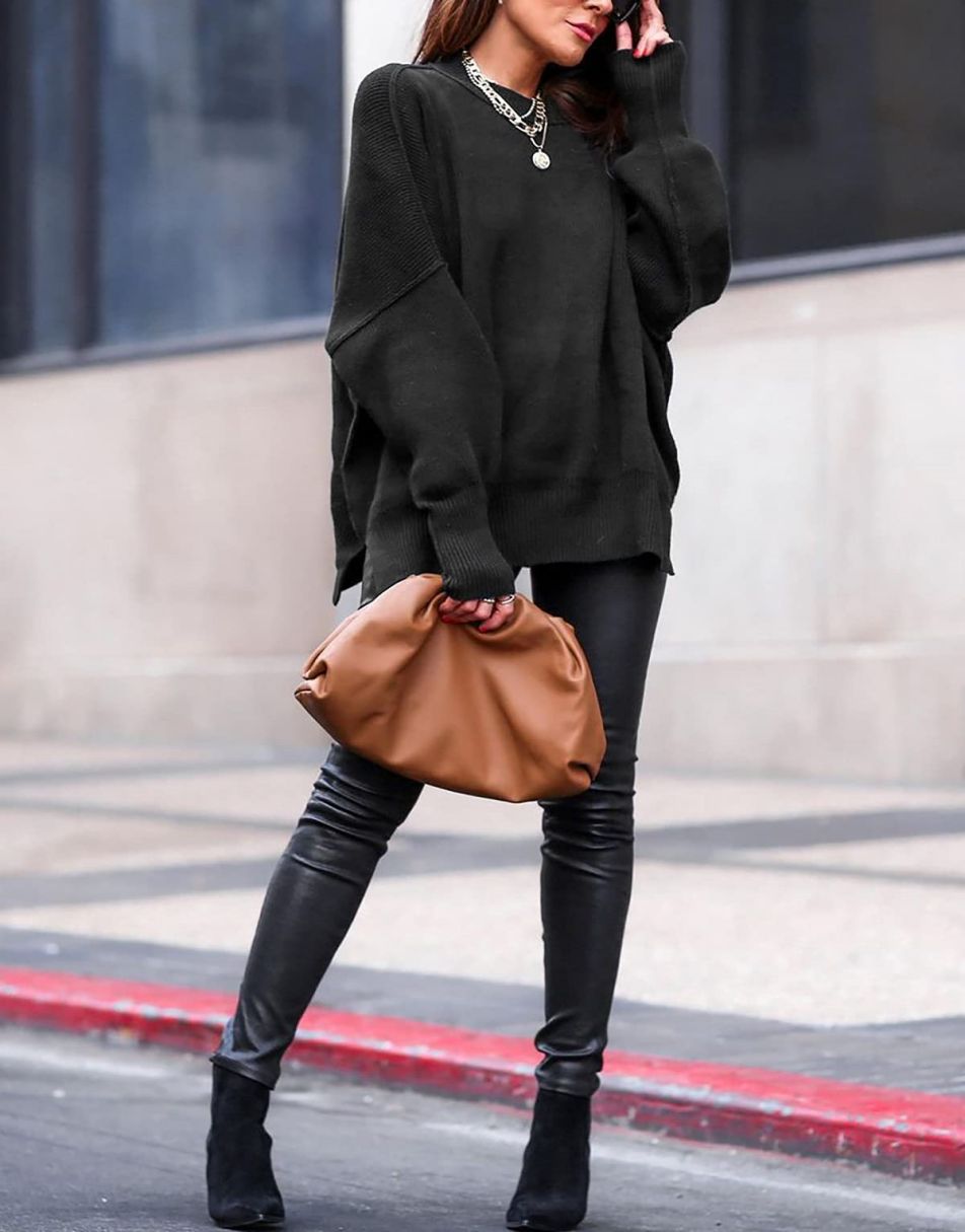 ANRABESS Batwing Sleeve Side Slit Oversized Pullover