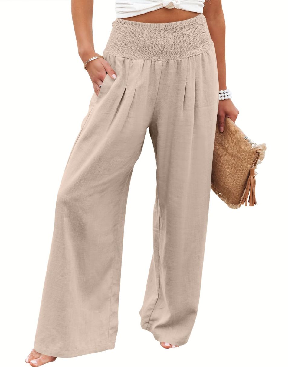 ANRABESS Linen Wide Leg Pants for Women Summer Boho High Waist Palazzo Pants Beach Lounge Casual Trousers with Pockets Vacation Clothes