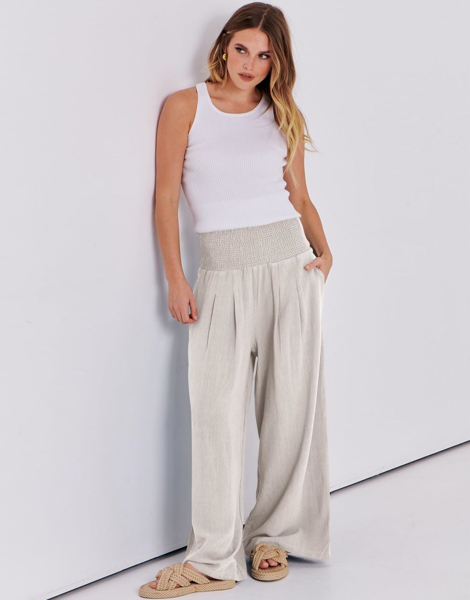 ANRABESS Linen Wide Leg Pants for Women Summer Boho High Waist Palazzo Pants Beach Lounge Casual Trousers with Pockets Vacation Clothes