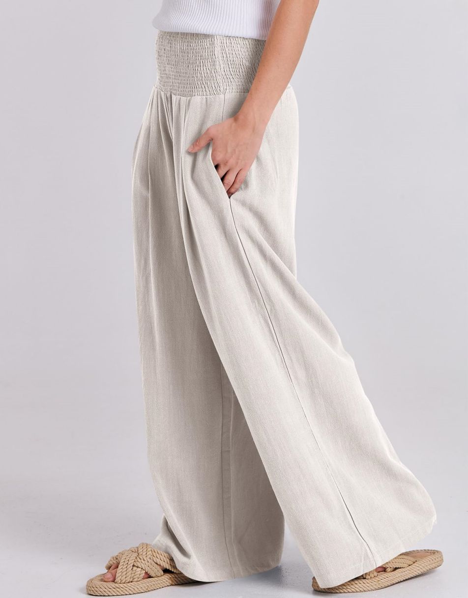 ANRABESS Linen Wide Leg Pants for Women Summer Boho High Waist Palazzo Pants Beach Lounge Casual Trousers with Pockets Vacation Clothes