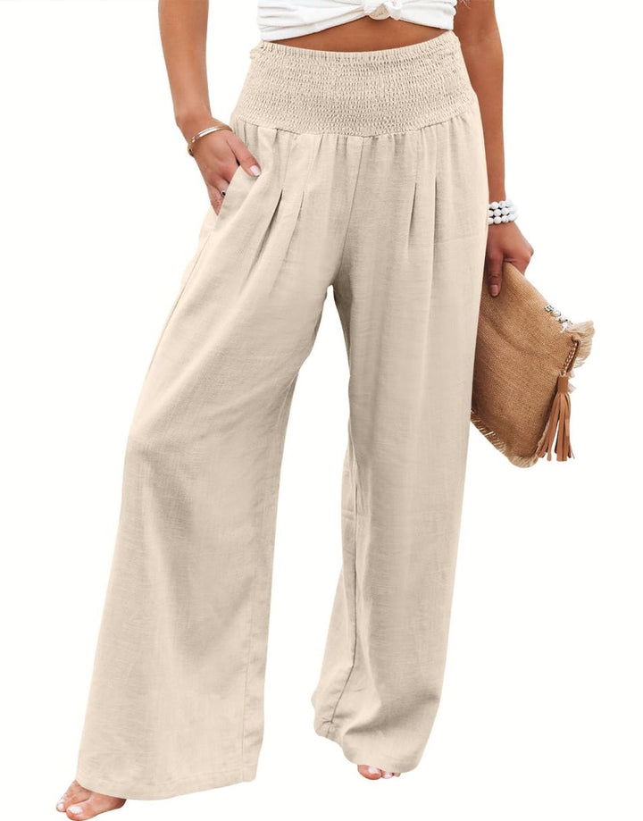 ANRABESS Linen Wide Leg Pants for Women Summer Boho High Waist Palazzo Pants Beach Lounge Casual Trousers with Pockets Vacation Clothes