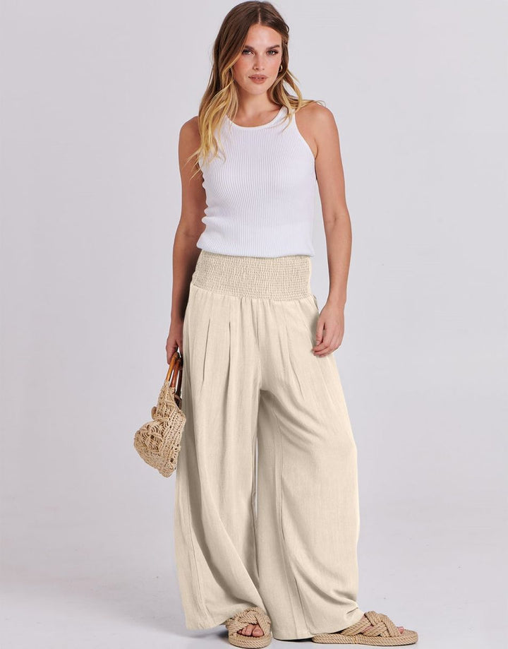 ANRABESS Linen Wide Leg Pants for Women Summer Boho High Waist Palazzo Pants Beach Lounge Casual Trousers with Pockets Vacation Clothes