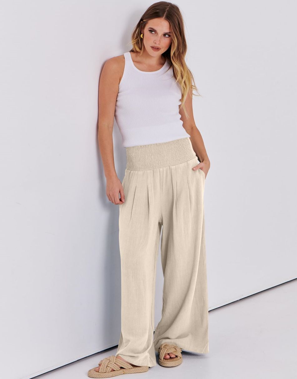 ANRABESS Linen Wide Leg Pants for Women Summer Boho High Waist Palazzo Pants Beach Lounge Casual Trousers with Pockets Vacation Clothes