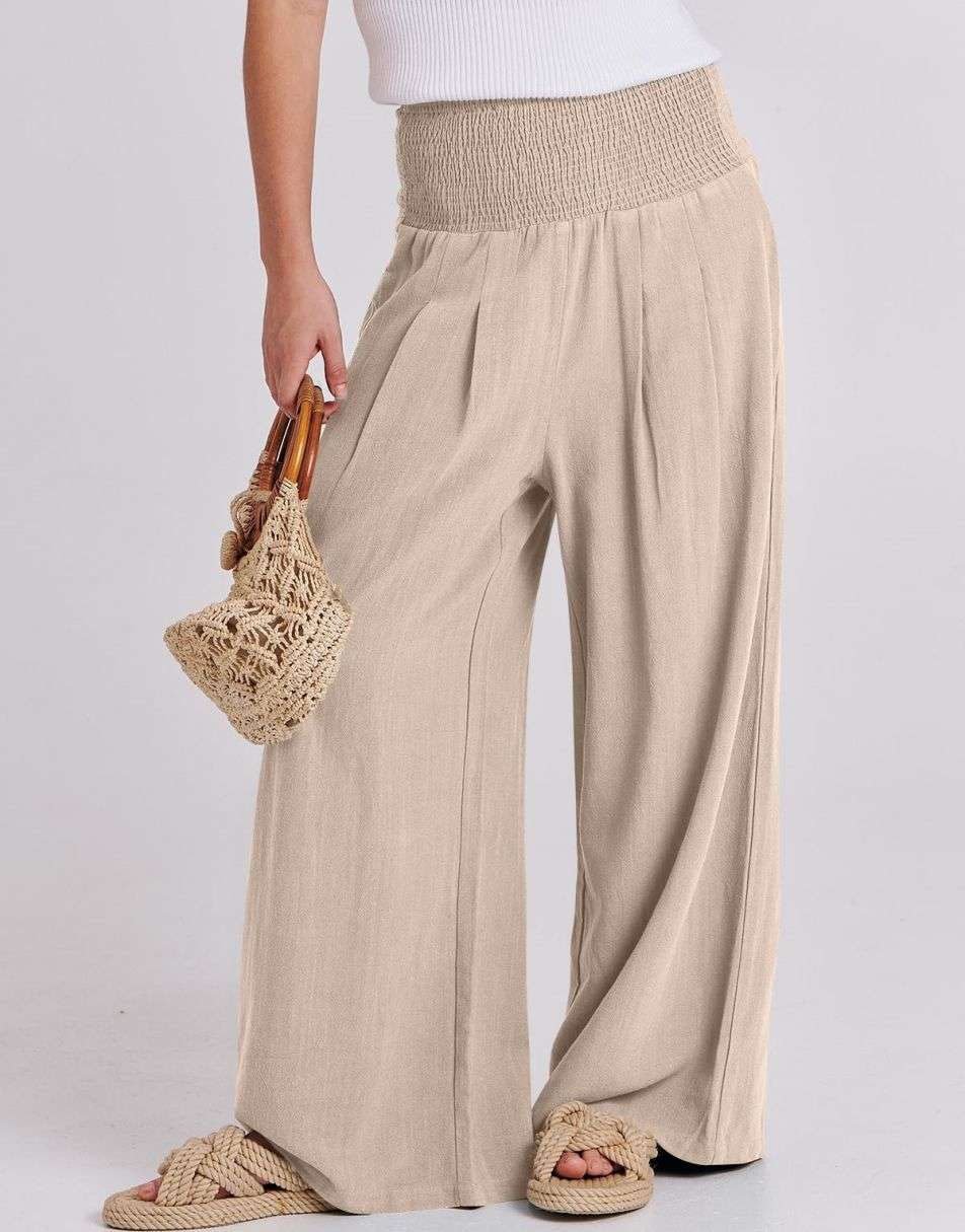 ANRABESS Linen Wide Leg Pants for Women Summer Boho High Waist Palazzo Pants Beach Lounge Casual Trousers with Pockets Vacation Clothes