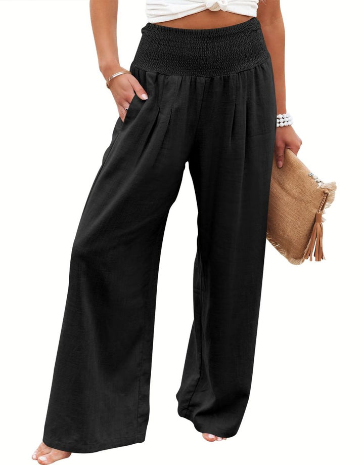 ANRABESS Linen Wide Leg Pants for Women Summer Boho High Waist Palazzo Pants Beach Lounge Casual Trousers with Pockets Vacation Clothes