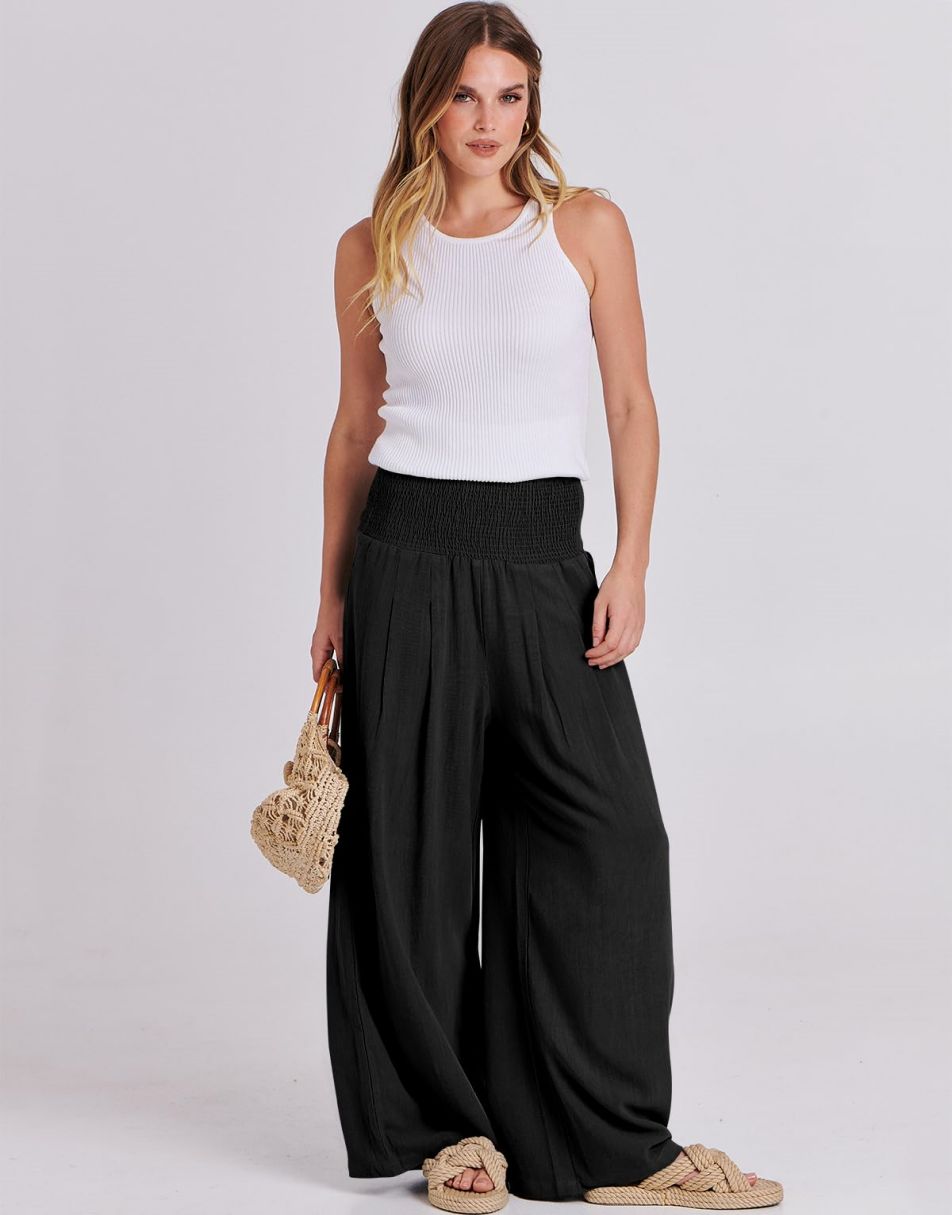 ANRABESS Linen Wide Leg Pants for Women Summer Boho High Waist Palazzo Pants Beach Lounge Casual Trousers with Pockets Vacation Clothes