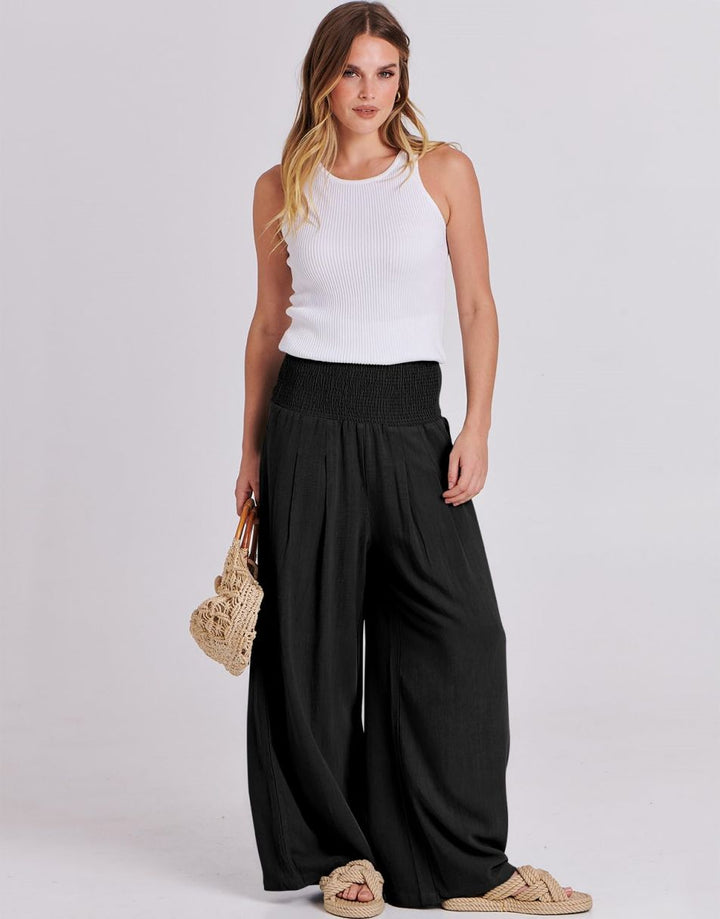 ANRABESS Linen Wide Leg Pants for Women Summer Boho High Waist Palazzo Pants Beach Lounge Casual Trousers with Pockets Vacation Clothes