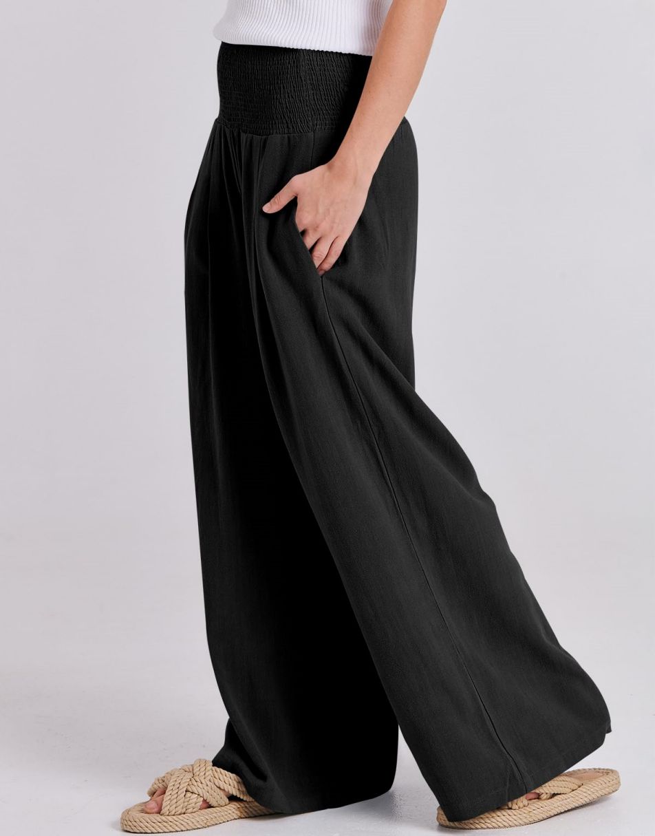 ANRABESS Linen Wide Leg Pants for Women Summer Boho High Waist Palazzo Pants Beach Lounge Casual Trousers with Pockets Vacation Clothes