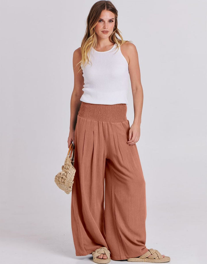 ANRABESS Linen Wide Leg Pants for Women Summer Boho High Waist Palazzo Pants Beach Lounge Casual Trousers with Pockets Vacation Clothes
