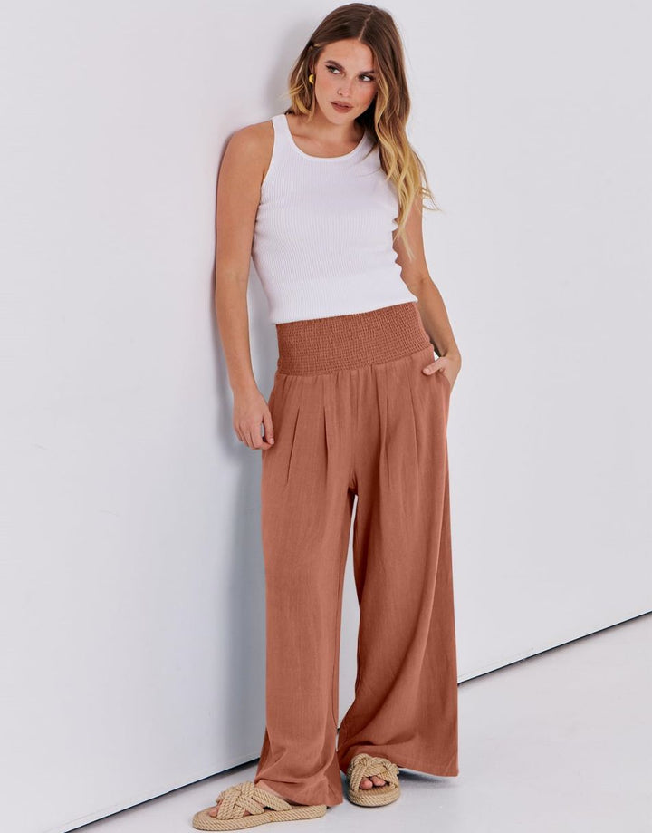 ANRABESS Linen Wide Leg Pants for Women Summer Boho High Waist Palazzo Pants Beach Lounge Casual Trousers with Pockets Vacation Clothes