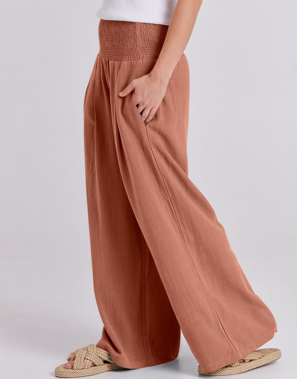 ANRABESS Linen Wide Leg Pants for Women Summer Boho High Waist Palazzo Pants Beach Lounge Casual Trousers with Pockets Vacation Clothes