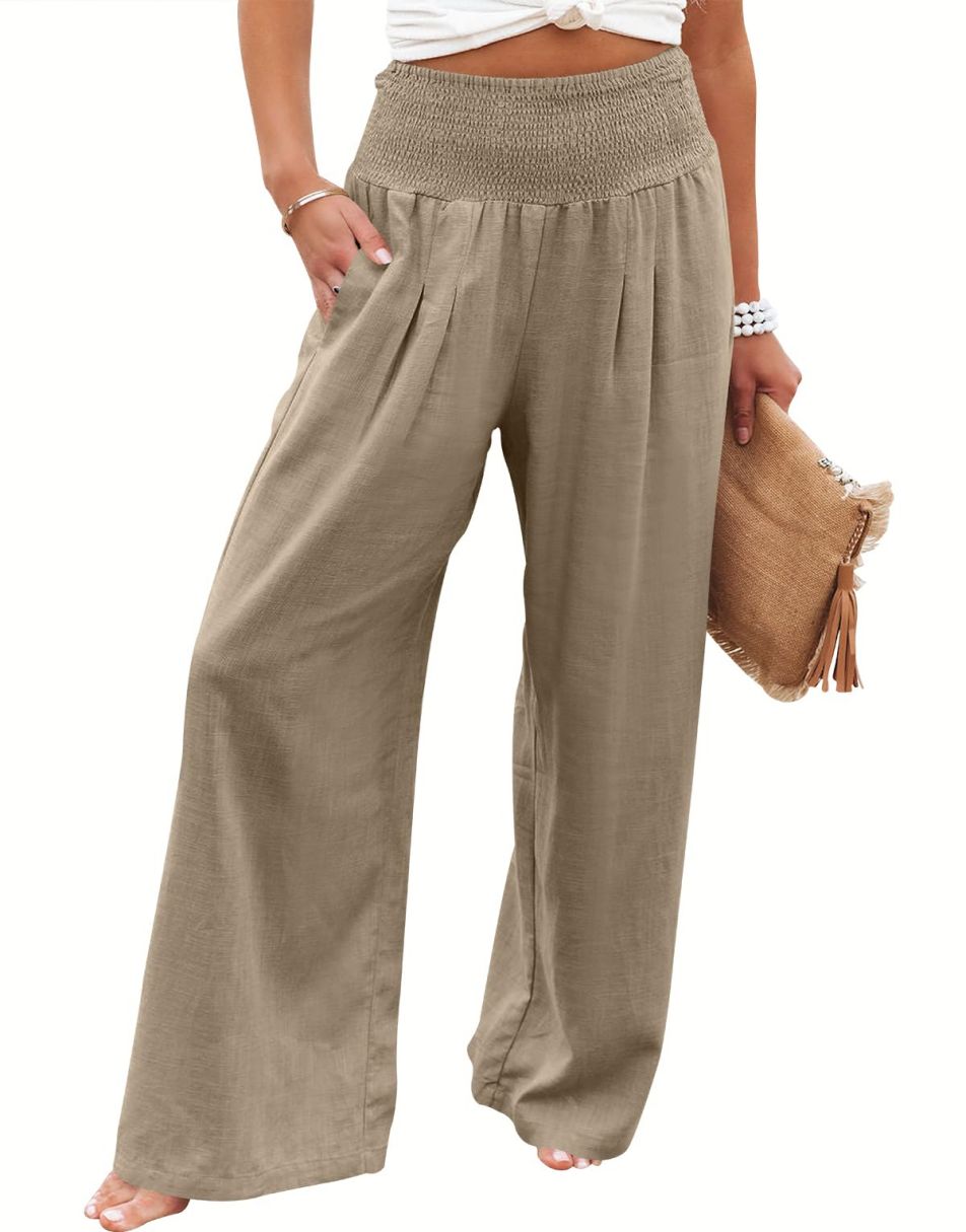ANRABESS Linen Wide Leg Pants for Women Summer Boho High Waist Palazzo Pants Beach Lounge Casual Trousers with Pockets Vacation Clothes