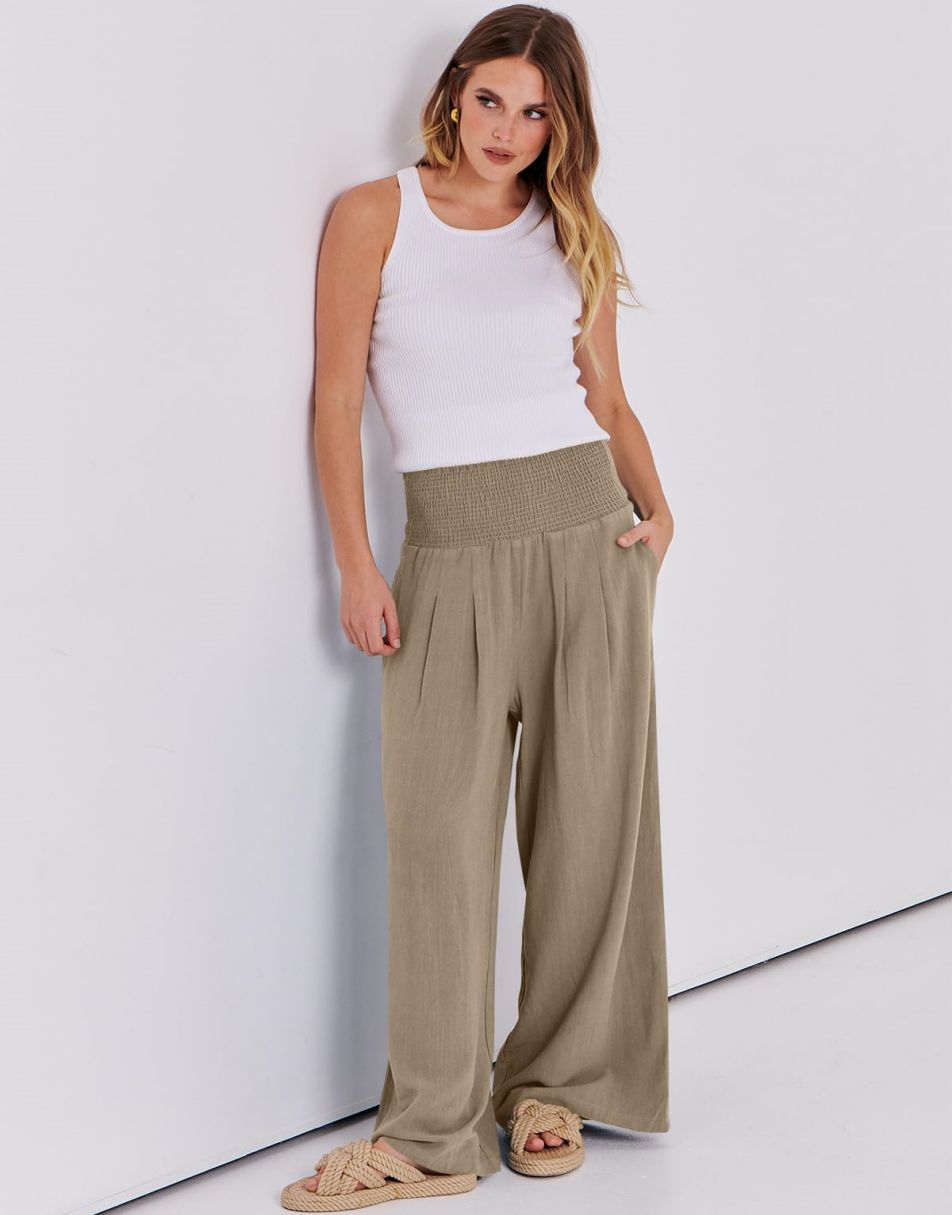 ANRABESS Linen Wide Leg Pants for Women Summer Boho High Waist Palazzo Pants Beach Lounge Casual Trousers with Pockets Vacation Clothes
