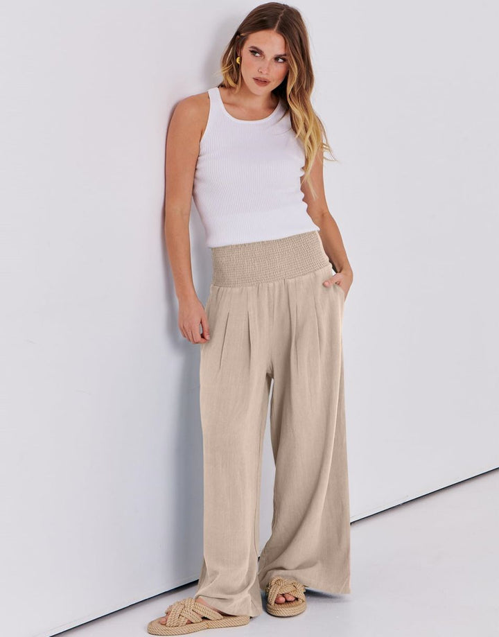 ANRABESS Linen Wide Leg Pants for Women Summer Boho High Waist Palazzo Pants Beach Lounge Casual Trousers with Pockets Vacation Clothes